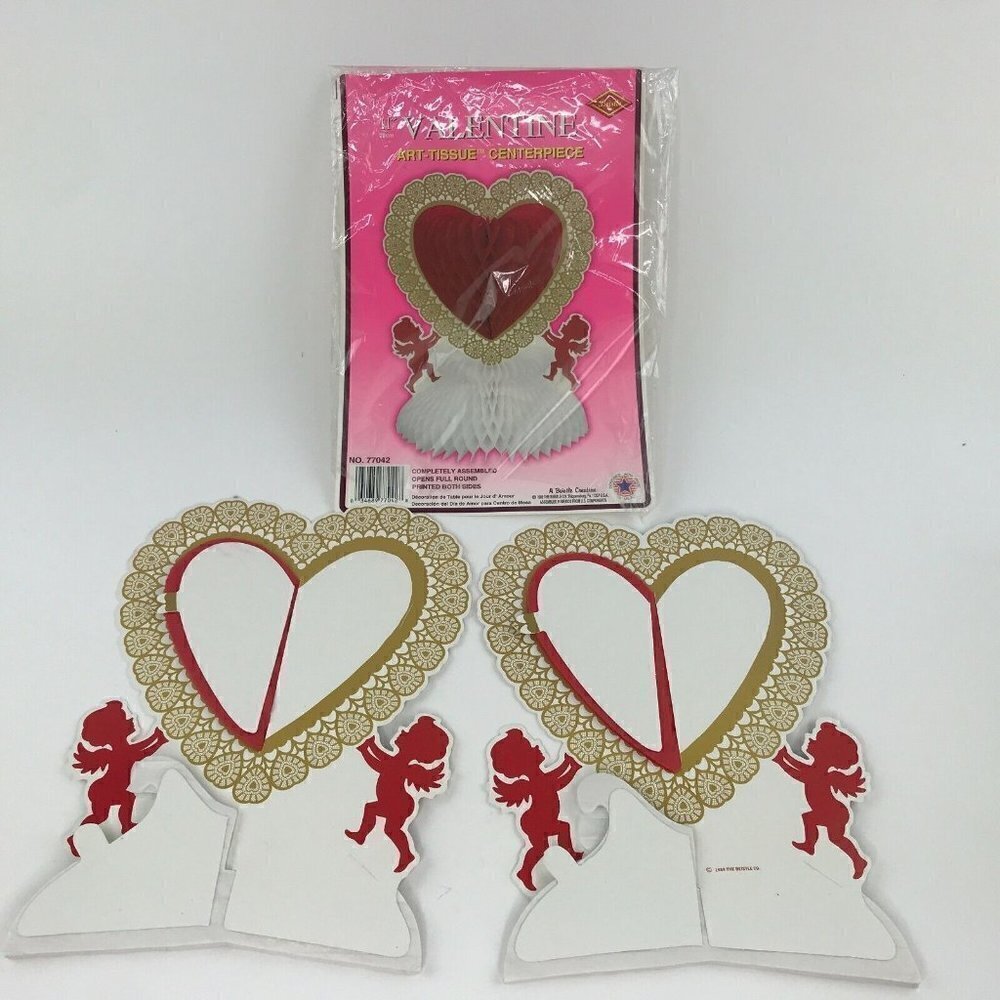 Vintage 80s Beistle Valentine Heart Cupid Art Tissue Honeycomb Centerpiece x 2